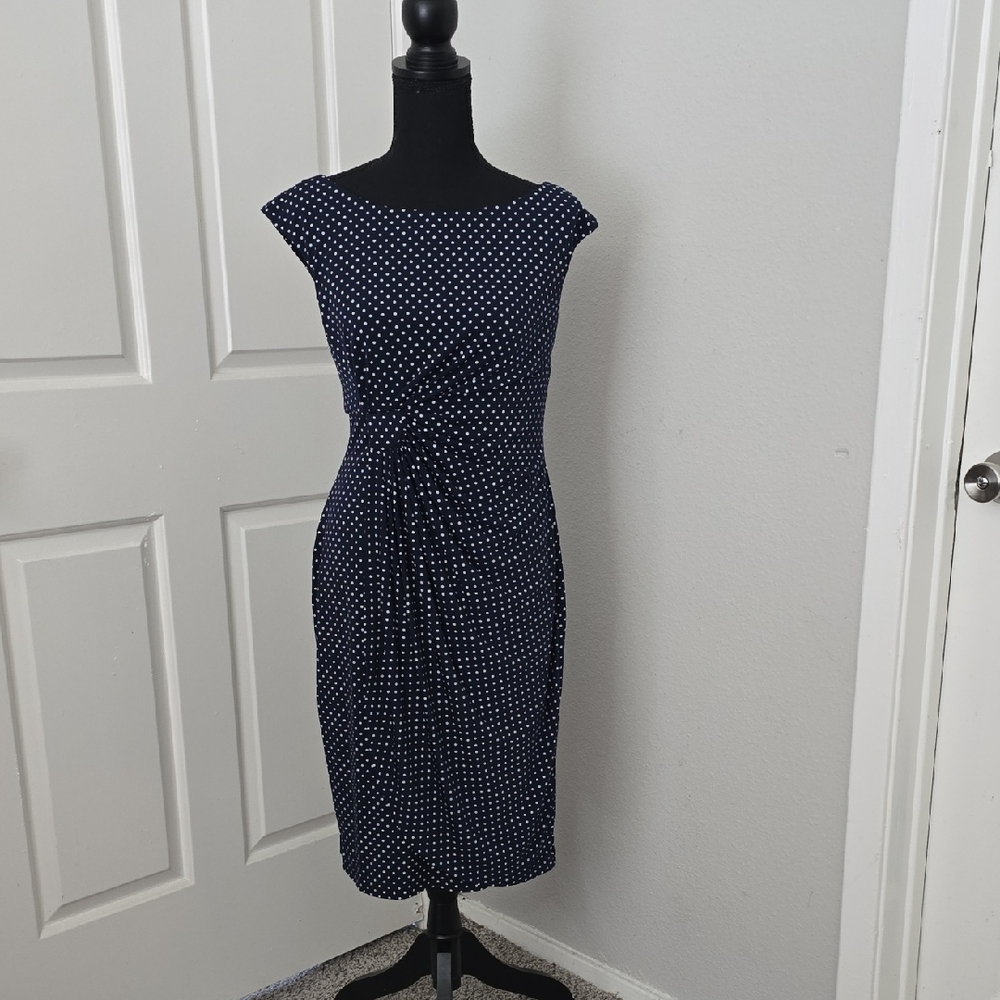 Connected Apparel Navy and White Polka Dot Midi Dress